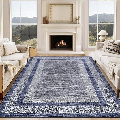 GarveeHome 6x9 Large Washable Area Rug Modern Bordered Rug Distressed Geometric Floor Carpet, Soft Non Slip Low Pile Non Shedding Rug, Indoor Navy Blue for Bedroom, Living Room