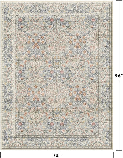 Hazo Haus Boho Beige Blue Living Room Rug 6x8 - Vintage Retro Floral Paste Neutral, Washable Low Pile Non-Slip Large Area Rugs for Dining Under Table, Bedroom