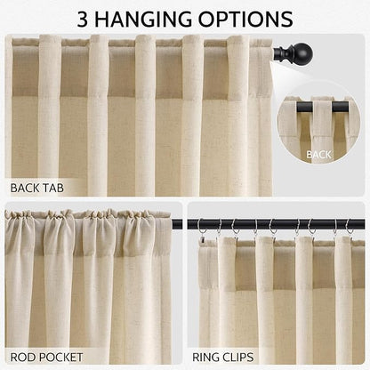 Extra Long Curtains 102 Inches Long for Living Room Tan Back Tab Rod Pocket Light Filtering Semi Sheer Drapes Cotton Linen Textured Window Curtain for Bedroom 9 FT,2 Panels
