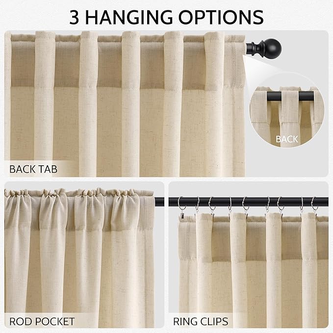 Extra Long Curtain 108 Inches Long Set Back Tab Tan Linen Drapes for Living Room Neutral Farmhouse Light Filtering Semi Sheer Linen Curtains 108 Inch Length for Large Window 9 FT, 2 Panels