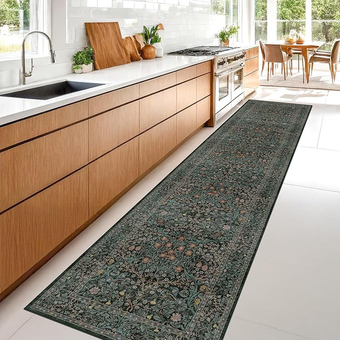 Hazo Haus Washable Dark Green 2x10 Runner Rug for Hallway, Kitchen, 10 ft Non Slip Stain Resistant Extra Long Soft Rugs, Vintage Floral Unique Botanical Floor Mat
