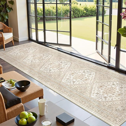Carpet Runners for Hallway 12ft, Non-Slip Long Bathroom Rugs Runner for Kitchen, Living Room, Soft Vintage Washable Rug for Entryway, Thin Floor Mat for Dining Room(Cream/Beige,2.5'x12')
