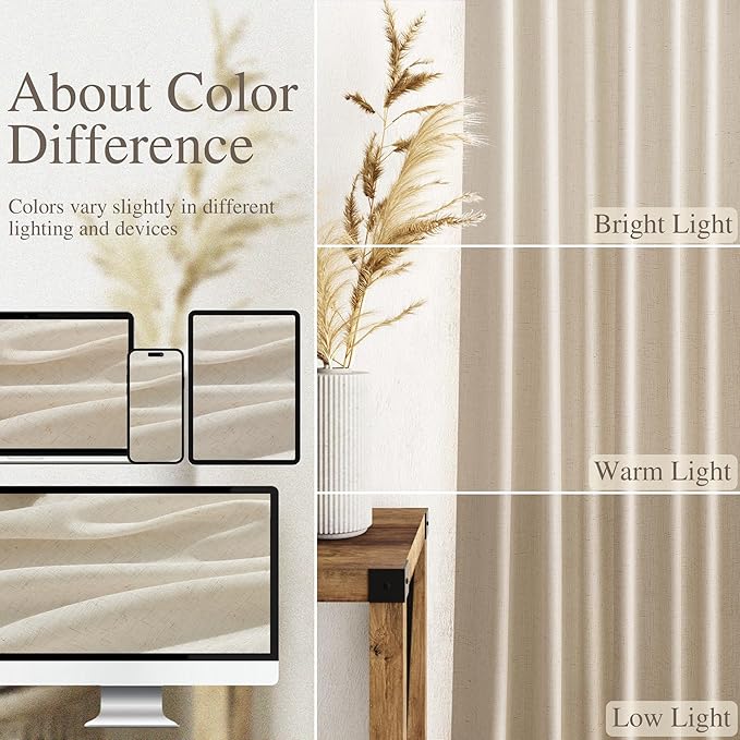 Nanspring Birch Beige Linen Curtains 84 Inches Long for Living Room Light Filtering Semi Sheer Curtain Back Tab Modern Farmhouse Decor Elegant Luxury Coastal Drapes for Bedroom Office 52x84,2 Panels