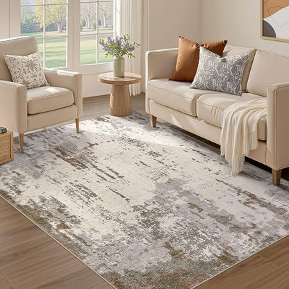 UERMEI 4x6 Area Rug Living Room Rugs - Washable Neutral Modern Abstract Soft Thin Rug Indoor Floor No Slip Rug Carpet for Bedroom Under Dining Table Home Office Decor - Brown/Grey/Beige