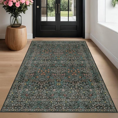 Washable Vintage 5x8 Living Room Rug, Dark Green Floral Area Rug for Bedroom Under Bed, Dining Room Under Small Dining Table, Office - Oriental Low Pile Non Slip & Stain Resistance (5x8 Dark Green)