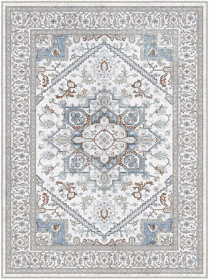 OPPODREAM Soft Neutral Area Rugs 9x12 Living Room, Washable Rugs 9x12 with Non Slip Backing, Faux Cashmere Low-Pile 9 x 12 Carpet, Cream White & Blue & Light Brown