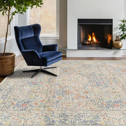 7x10 Washable Rug for Living Room - Stain Resistant Dining Room Rugs for Under Table, Soft Low Pile Large Carpet for Bedroom - Vintage Floral Non-Slip (Beige Blue)