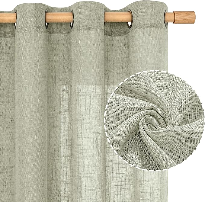 LAMIT Linen Curtains for Living Room 84 Inch Length, Bronze Grommet Light Filtering Semi Sheer Drapes Neutral Rustic Farmhouse Boho Panels for Bedroom, 2 Panels, Sage Grey, 52 x 84 Inch
