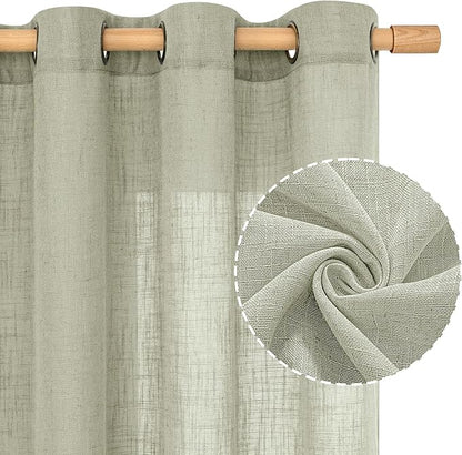 LAMIT Linen Curtains for Living Room 84 Inch Length, Bronze Grommet Light Filtering Semi Sheer Drapes Neutral Rustic Farmhouse Boho Panels for Bedroom, 2 Panels, Sage Grey, 52 x 84 Inch
