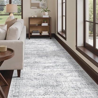 4x10 Runner Rug, Washable Hallway Runner Rug with Non-Slip Backing, Low Pile Wide Runner for Living Room, Entryway, Kitchen, Soft Modern Home Decor Mat for Dining Room(4'x10', Grey/Ivory)