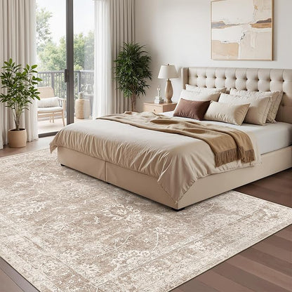 Madane 5x7 Area Rugs for Living Room, Washable Vintage Natural Rug with Non-Slip Backing, Soft Floral Print Throw Rugs Floor Low Pile Carpet for Bedroom Dining Room Farmhouse (5 x 7, Brown/Sand)