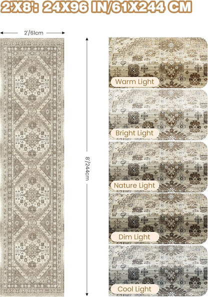 Runner Rug 2x8 Runners for Hallways Non Slip Washable, Vintage Hallway Runner Rugs for Living Room, Low Pile Soft Hallway Rug for Kitchen Bedroom Laundry Room Rug(Brown,2'x8')