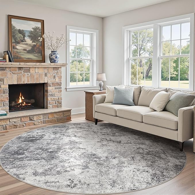 UERMEI 10ft Round Area Rug Living Room Rugs - 10x10 Washable Large Neutral Modern Abstract Soft Thin Rug Indoor Floor No Slip Rug Carpet for Bedroom Under Dining Table Home Office Decor - Grey