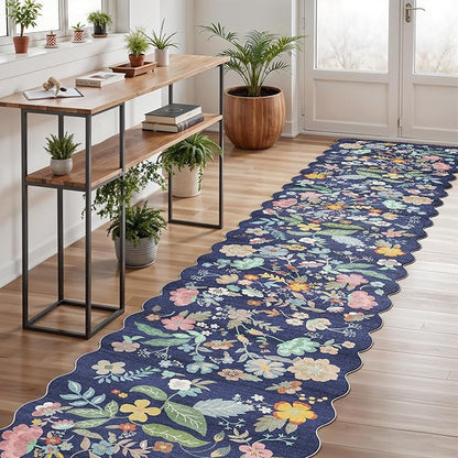 Washable 2'6x12 Hallway Runner Rug: Entryway Non Slip Floral Rug Farmhouse Soft Stain Resistant Carpet for Kitchen Bathroom Bedroom Low Pile Pet Friendly Floor Mat for Living Room(2'6x12/Purple)