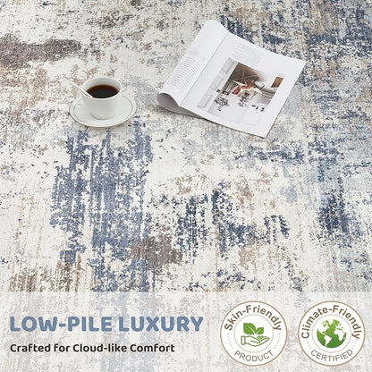 UERMEI 9x12 Area Rug Living Room Rugs Thickened - Washable Neutral Modern Abstract Soft Rug Indoor Floor No Slip Rug Carpet for Bedroom Under Dining Table Home Office Decor - Denim Blue