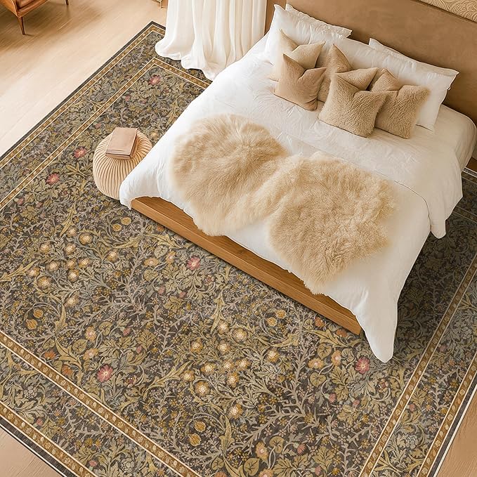 Washable 10x14 Living Room Rug - Brown Oriental Large Area Rug for Dining Room Under Table, Low Pile Non-Slip Floor Carpet for Bedroom Under Bed - Vintage Taupe Design & Stain Resistance