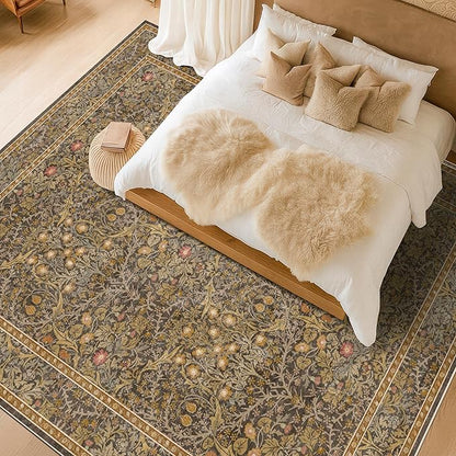 Washable 9x12 Living Room Rug - Gold Brown Floral Area Rug for Dining Room Under Table, Low Pile Non-Slip Floor Carpet for Bedroom Under Bed - Vintage Taupe Design & Stain Resistance