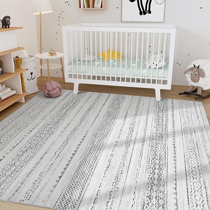 Nakagishi 10x12 Area Rug Living Room: Washable Boho Large Neutral Modern Soft Stain Resistant Farmhouse Indoor Floor Rug Non Slip Accent Carpet for Bedroom Nursery Kids Playroom Office- Gray
