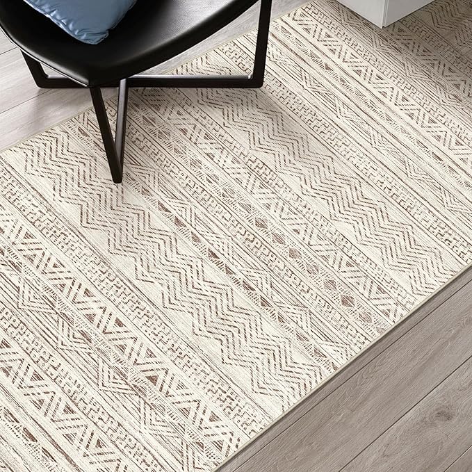 4x12 Washable Hallway Runner Rug：Moroccan Non-Slip Wide Runners for Entryway Kitchen Soft Modern Geometric Low-Pile Rugs for Living Room Thin Waterproof Carpet for Bedroom Bathroom Laundry(Beige,4x12)