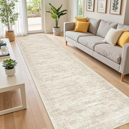 Long Hallway Runner Rug- Carpet Runners for Hallway 12ft, Anti Slip Backing Washable Rug Runner for Bathroom, Entrance, Living Room, Soft Low Pile Modern Rug Runner(2'x12', Beige/Ivory)