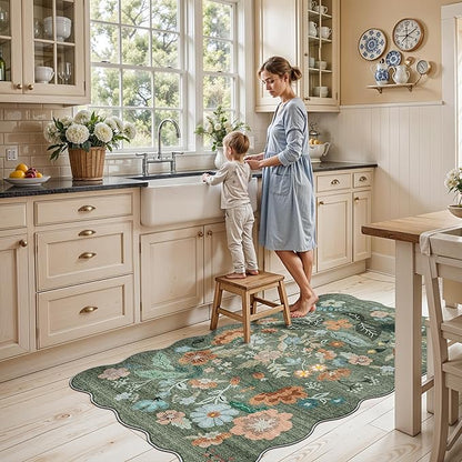 Washable 3x5 Entryway Area Rugs: Ultra Soft Low Pile Carpet for Kitchen Nursery Indoor Light-Weight Doormat Rug with Non-Slip Backing for Living Room Bedroom Small Boho Floor Mat(3x5, Floral/Green)