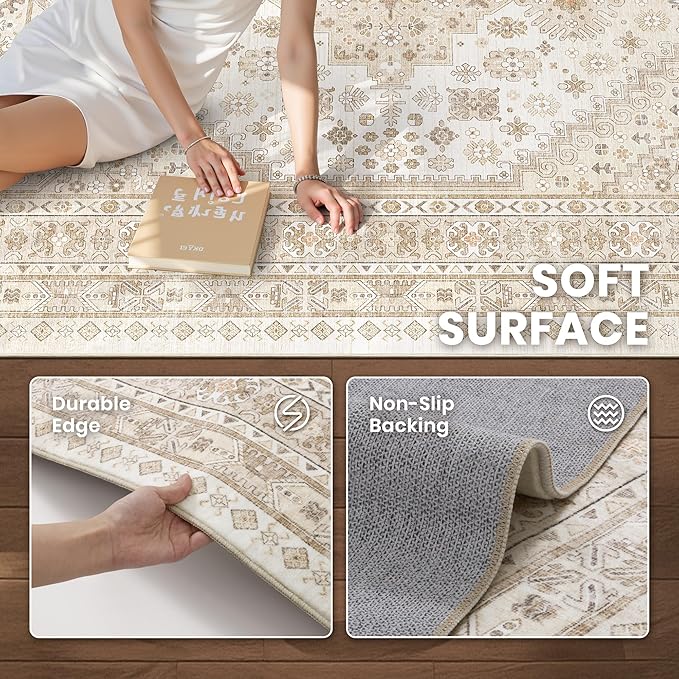 zesthome 2x3 Entryway Rug, Soft Washable Rugs, Non Slip Area Rug, Stain Resistant Low Pile Rugs for Bedroom, Vintage Rug for Door Mat, Kitchen (Cream/Beige,2'x3')