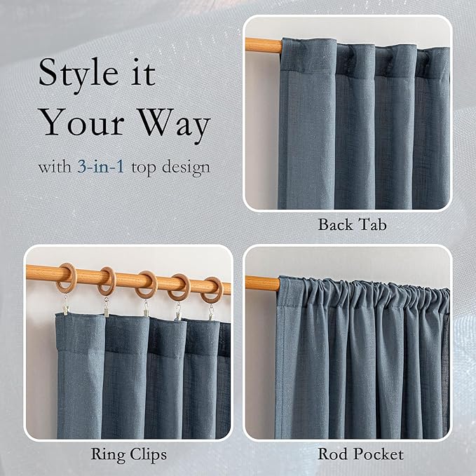 MYSKY HOME 96 Inches Semi Sheer Sliding Door Curtains Farmhouse Light Filtering Window Curtain Drapes for Patio Living Room, Extra Long Blue Linen Curtains Bohemian, 50x96, Dusty Blue, 2 Panels