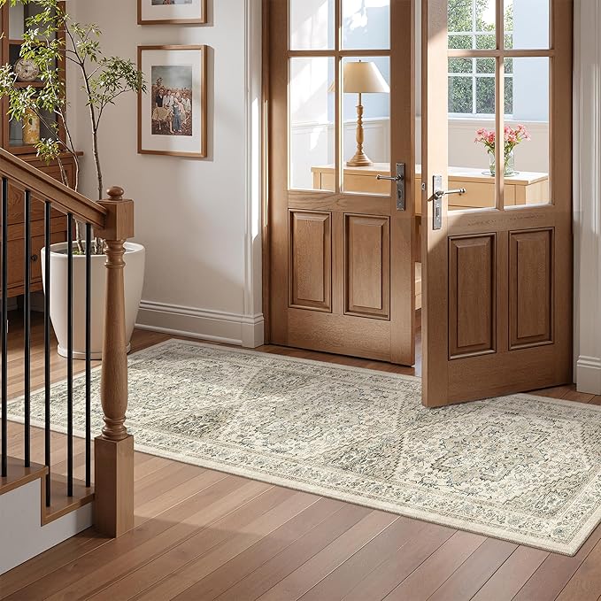 Runner Rug 2x6, Non Slip Washable Rugs for Laundry Room, Runners for Hallways, Low Pile Vintage Soft Rugs for Living Room, Kitchen Bathroom,Bedroom Rug(Brown/Beige,2'x6')