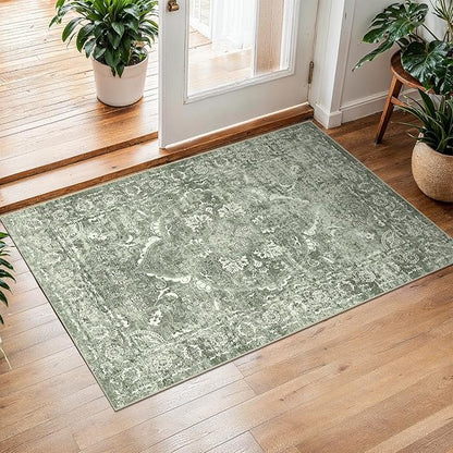 2x3 Entryway Area Rug Washable - Neutral Small Entry Rug Kitchen Rug Runner Vintage Soft Floor Mat Non Slip Indoor Farmhouse Carpet for Bedroom Bathroom Living Room (Muted Sage Green)