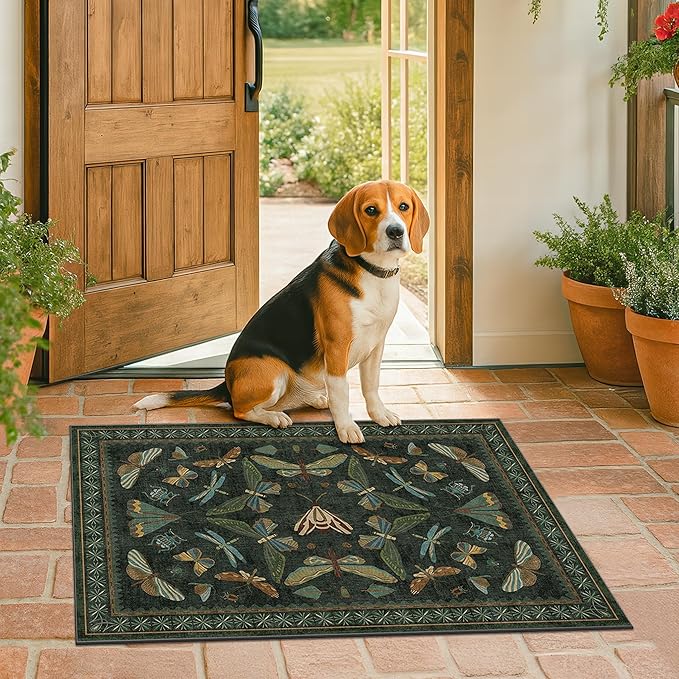 Hazo Haus 2x4 Entry Way Rugs Indoor - Dark Green Putdoor Rug for Kitchen, Bathroom, Insect Boho Design, Washable Non Slip Stain Resistant