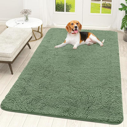 OLANLY Dog Door Mat for Muddy Paws 59x35, Absorbs Moisture and Dirt, Absorbent Non-Slip Washable Doormat, Quick Dry Chenille Mud Mat, Entry Indoor Entryway Carpet for Inside Floor, Olive Green