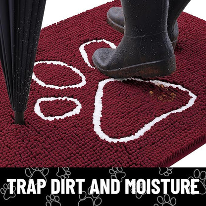 Smiry Dog Door Mat for Muddy Paws, Absorbent Dirt Trapper Non Slip Quick Dry Washable Chenille Mat for Mud Dogs, Entry Rug for Indoor and Outdoor (40x32 Inches, Burgundy and White)