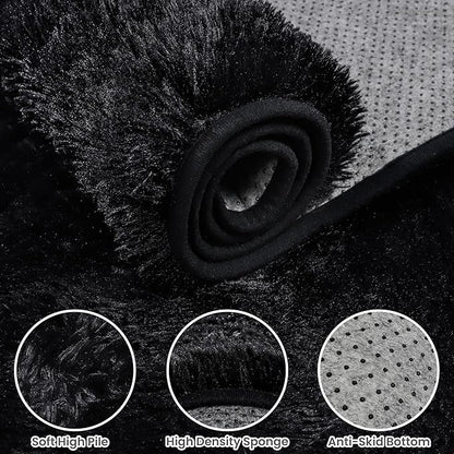 2x6 Bedside Area Rugs for Bedroom: Soft Fluffy Shag Black Rug for Hallway, Non-Slip Fuzzy Plush Living Room Rug Indoor Floor Carpet for Kids Rooms, Dorm, Nursery, Modern Home Aesthetic Decor