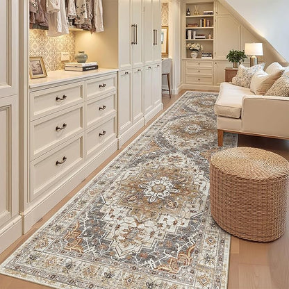 Madane Hallway Rug 3x10, Kitchen Rugs Washable Entryway Rug Vintage Kitchen Runners Non Slip Indoor Area Rug Farmhouse Carpet Runner for Bathroom Living Room Bedroom, Turmeric/Grey