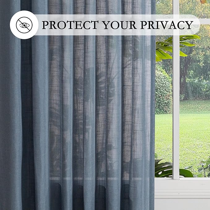 MYSKY HOME 96 Inches Semi Sheer Sliding Door Curtains Farmhouse Light Filtering Window Curtain Drapes for Patio Living Room, Extra Long Blue Linen Curtains Bohemian, 50x96, Dusty Blue, 2 Panels