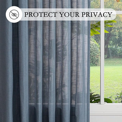 MYSKY HOME 96 Inches Semi Sheer Sliding Door Curtains Farmhouse Light Filtering Window Curtain Drapes for Patio Living Room, Extra Long Blue Linen Curtains Bohemian, 50x96, Dusty Blue, 2 Panels