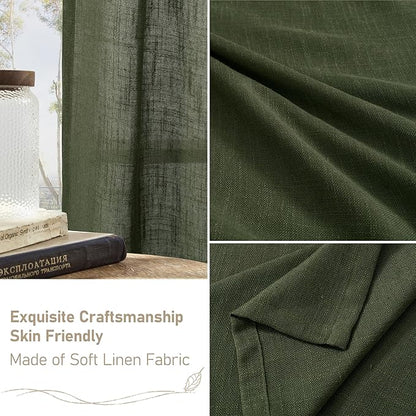 LAMIT Olive Green Linen Curtains for Living Room, 2 Panels, Light Filtering Semi Sheer Panels with Back Tab and Rod Pocket, 52 x 108 Inch