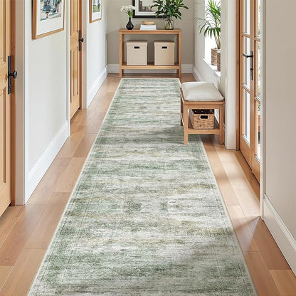 Long Hallway Runner Rug- Carpet Runners for Hallway 12ft, Anti Slip Backing Washable Rug Runner for Entrance, Living Room, Soft Low Pile Modern Rug Runner(2'x12', Green/Yellow/Ivory)