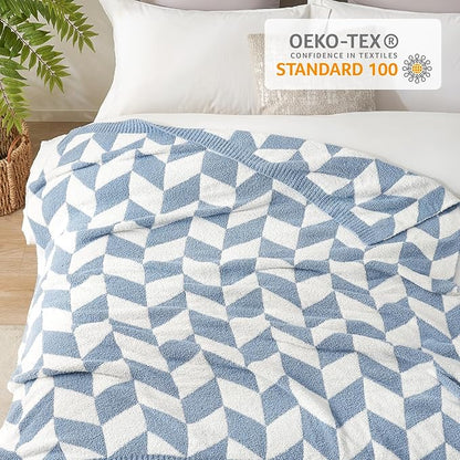Snuggle Sac Chevron Throw Blanket for Couch, Reversible Super Soft Warm Blankets Cozy Knit Fuzzy Plush Lightweight Throws for Sofa, Bed, Camping, Blue, 50x60 inches