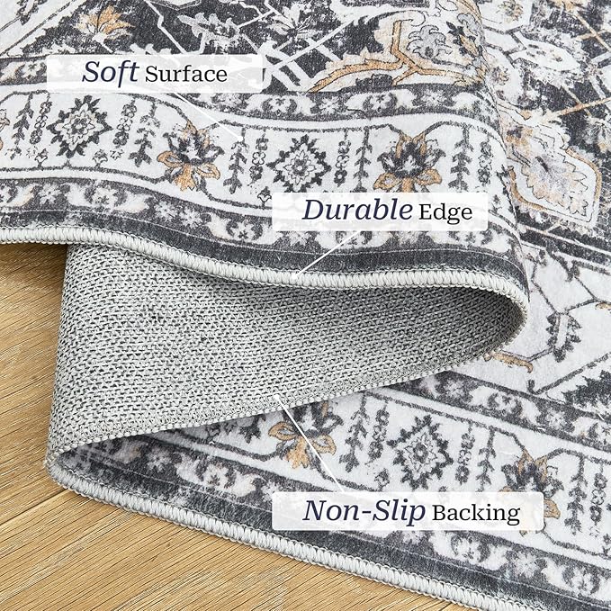 Madane Runner Rug 2'6''x8' Kitchen Runner, Hallway Runner Printed Vintage Washable Rugs Soft Non-Slip Low Pile Runners for Hallways Laundry Room Rug Distressed Rug, Black