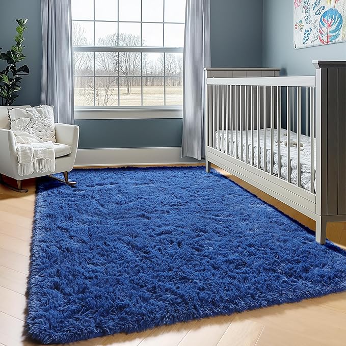 ONASAR Navy Blue Area Rugs for Living Room Bedroom, 5x8 Fluffy Bedside Rug, Soft Plush Fuzzy Shaggy Indoor Floor Carpets for Nursery Kids Boys Girls Men Teen Playroom Home Decor Aesthetic