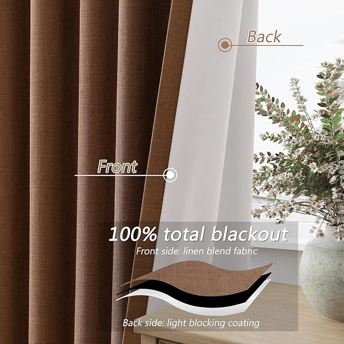 Guken 100% Blackout Linen Curtains 90 Inch Length 2 Panels Set for Living Room Bedroom Back Tab Thermal Insulated Black Out Linen Drapes Room Darkening Window Curtains,Caramel Brown