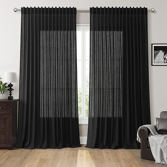 Nanspring Extra Wide 100x96 Inch Linen Curtains for Living Room Divider Light Filtering Semi Sheer Patio Curtains for Sliding Door Black Coastal Decor Sunroom Floor to Ceiling Window Curtain Panel