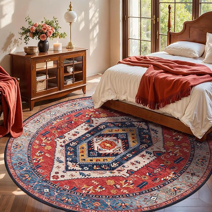 SERISSA Boho Round Area Rug, 8ft Washable Non-Slip Circle Rug, Ultra Soft Large Oriental Vintage Rust Low-Pile Circular Carpet for Living Room Bedroom Dining Room Kids Room Office College Dorm