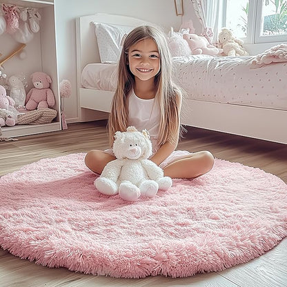 ONASAR Light Pink Round Area Rugs 3ft for Bedroom Living Room, Fluffy Cat Dog Bed Mat, Circle Rug for Kids Girls Boys Teen, Soft Plush Shaggy Carpet for Nursery Dorm Home Decor Aesthetic