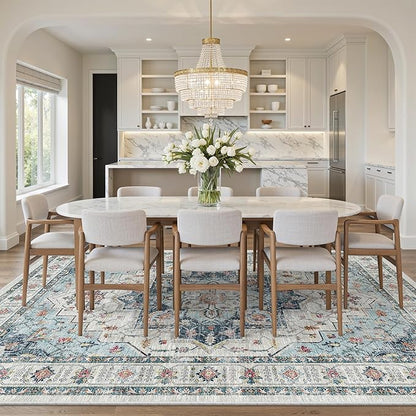 Madane Washable Rug 8x10 Area Rugs for Living Room, Ultra-Thin Non-Slip Backing Rug, Stain Resistant Vintage Large Area Rug for Bedroom (Blue, 8'x10')