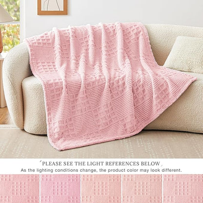 EXQ Home Fleece Throw Blanket for Couch or Bed - 3D Waffle Patchwork Pattern Jacquard Decorative Blankets - Cozy Soft Fuzzy Flannel Blanket Suitable for All Seasons(50"×60",Pink)