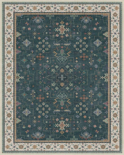 Hazo Haus Dark Green Vintage 8x10 Washable Rugs for Living Room - Dark Academia Victorian Floral Geometric Bedroom Rug, Ultra Soft Thin Low Pile Non-Slip Large Rugs for Dining Room Under Table Lounge