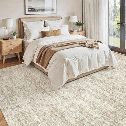 Washable Area Rug 8x12, Large Soft Rugs for Living Room Vintage Beige Carpet 8x12 Area Rugs for Bedroom Dining Room Non-Slip Stain Resistant Under Table Rug