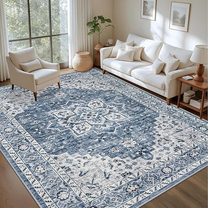 Area Rugs 10x14 Living Room Rug: Washable Rug Soft Vintage Boho Medallion Carpet Indoor Floor Non-Slip Stain Resistant Large Carpets for Bedroom Dining Room Farmhouse Nursery Home Office Blue